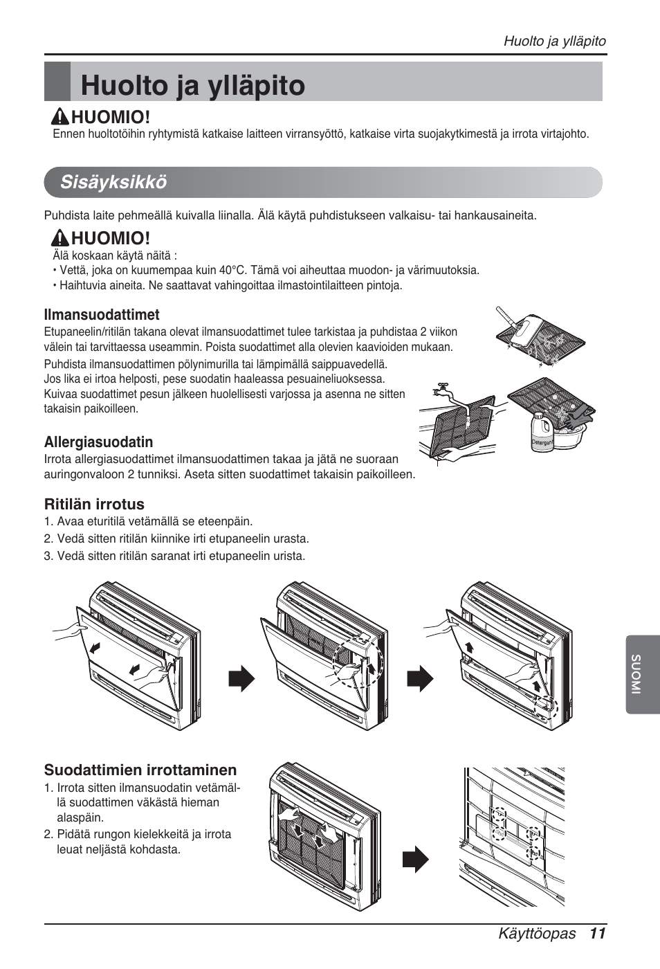 Huolto ja ylläpito, Sisäyksikkö, Huomio | LG ARNU15GQAA2 User Manual | Page 248 / 266