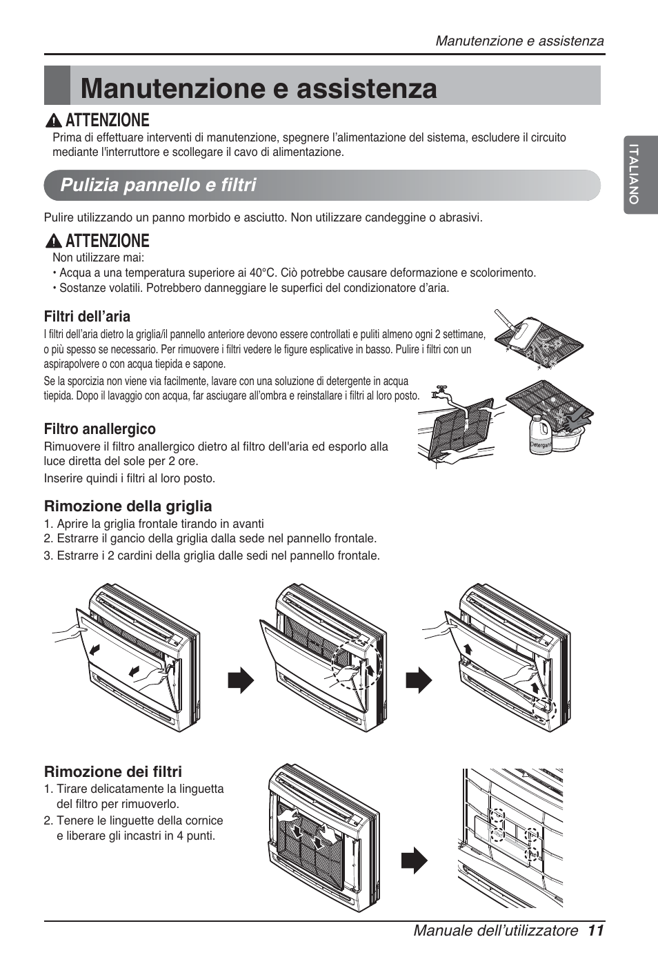 Manutenzione e assistenza, Attenzione, Pulizia pannello e filtri | LG ARNU15GQAA2 User Manual | Page 25 / 266