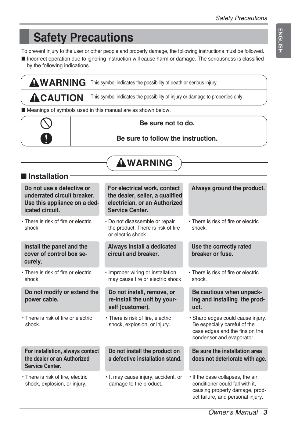 Safety precautions, Warning caution, Warning | N installation | LG ARNU15GQAA2 User Manual | Page 3 / 266