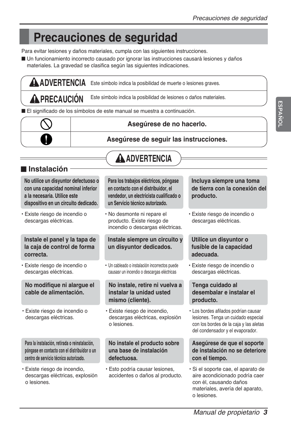 Precauciones de seguridad, Advertencia precaución, Advertencia | N instalación | LG ARNU15GQAA2 User Manual | Page 31 / 266