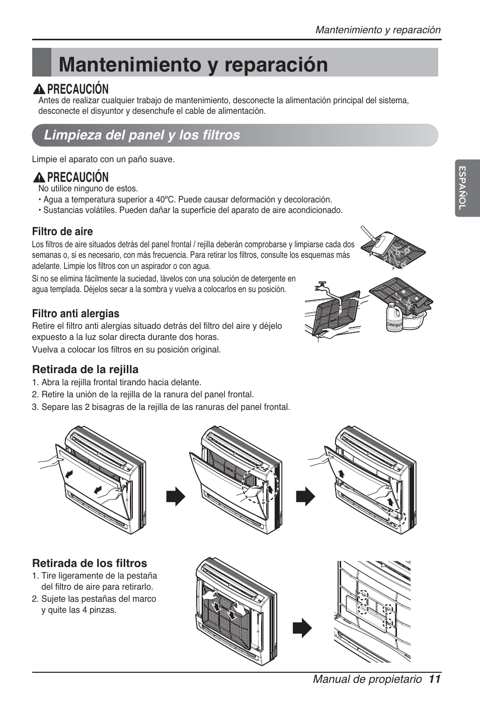 Mantenimiento y reparación, Precaución, Limpieza del panel y los filtros | LG ARNU15GQAA2 User Manual | Page 39 / 266