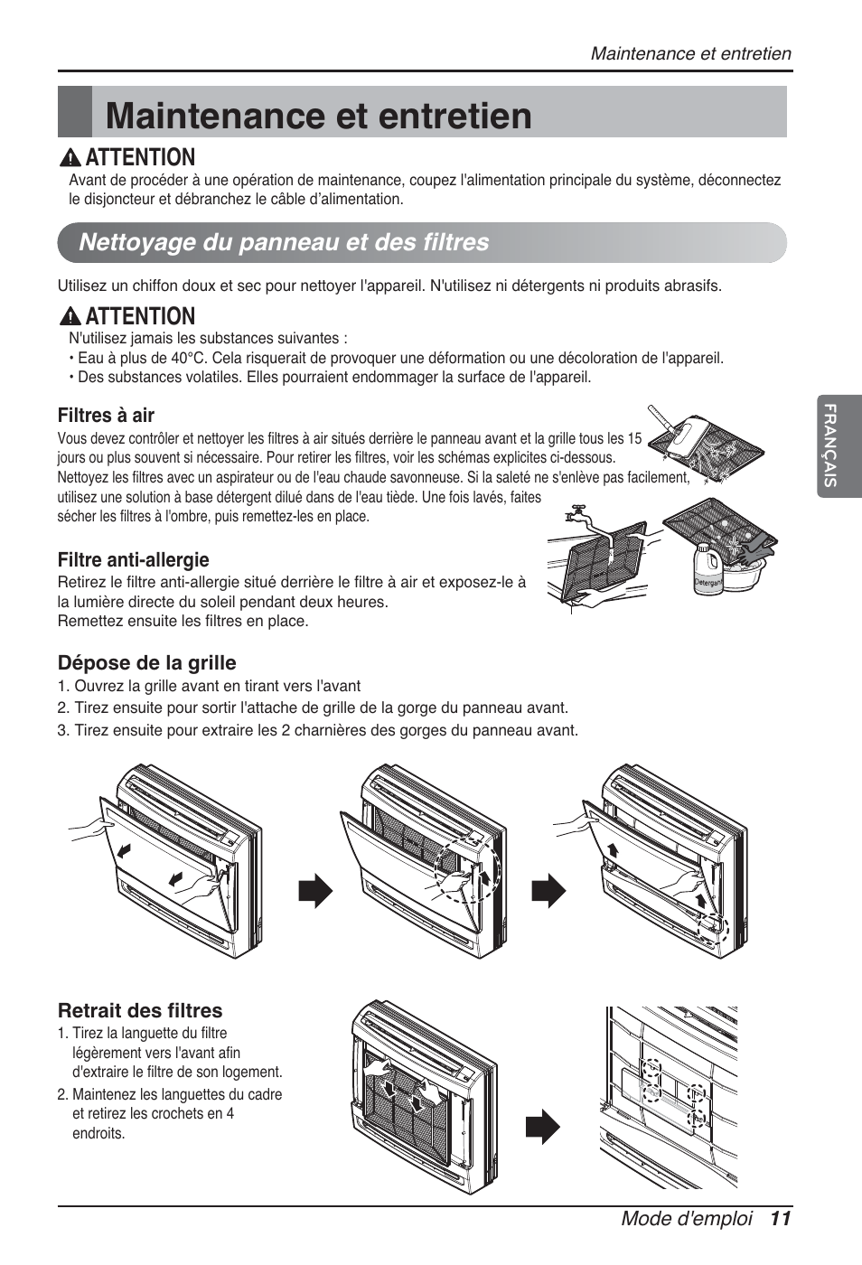 Maintenance et entretien, Attention, Nettoyage du panneau et des filtres | LG ARNU15GQAA2 User Manual | Page 53 / 266