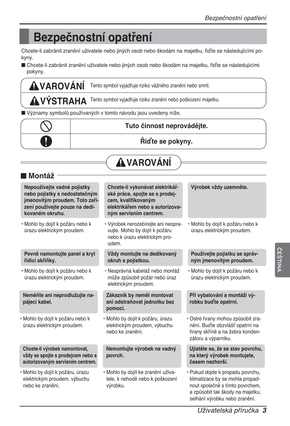 Bezpečnostní opatření, Varování výstraha, Varování | N montáž | LG ARNU15GQAA2 User Manual | Page 87 / 266