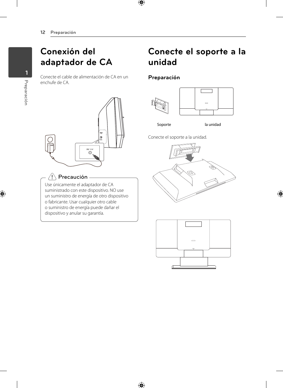 Conexión del adaptador de ca, Conecte el soporte a la unidad | LG CM2531 User Manual | Page 12 / 26