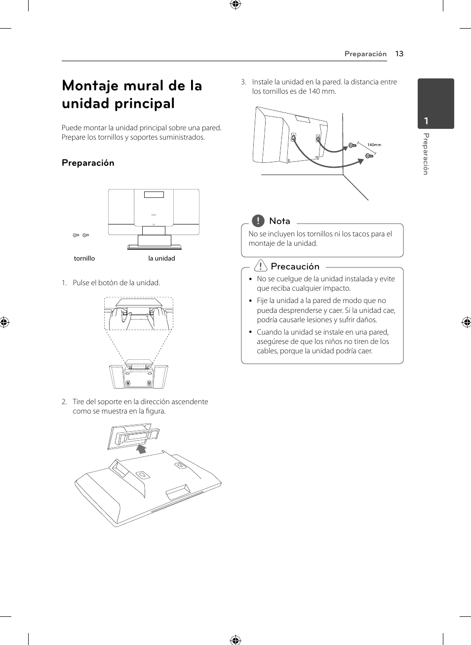 Montaje mural de la unidad principal | LG CM2531 User Manual | Page 13 / 26