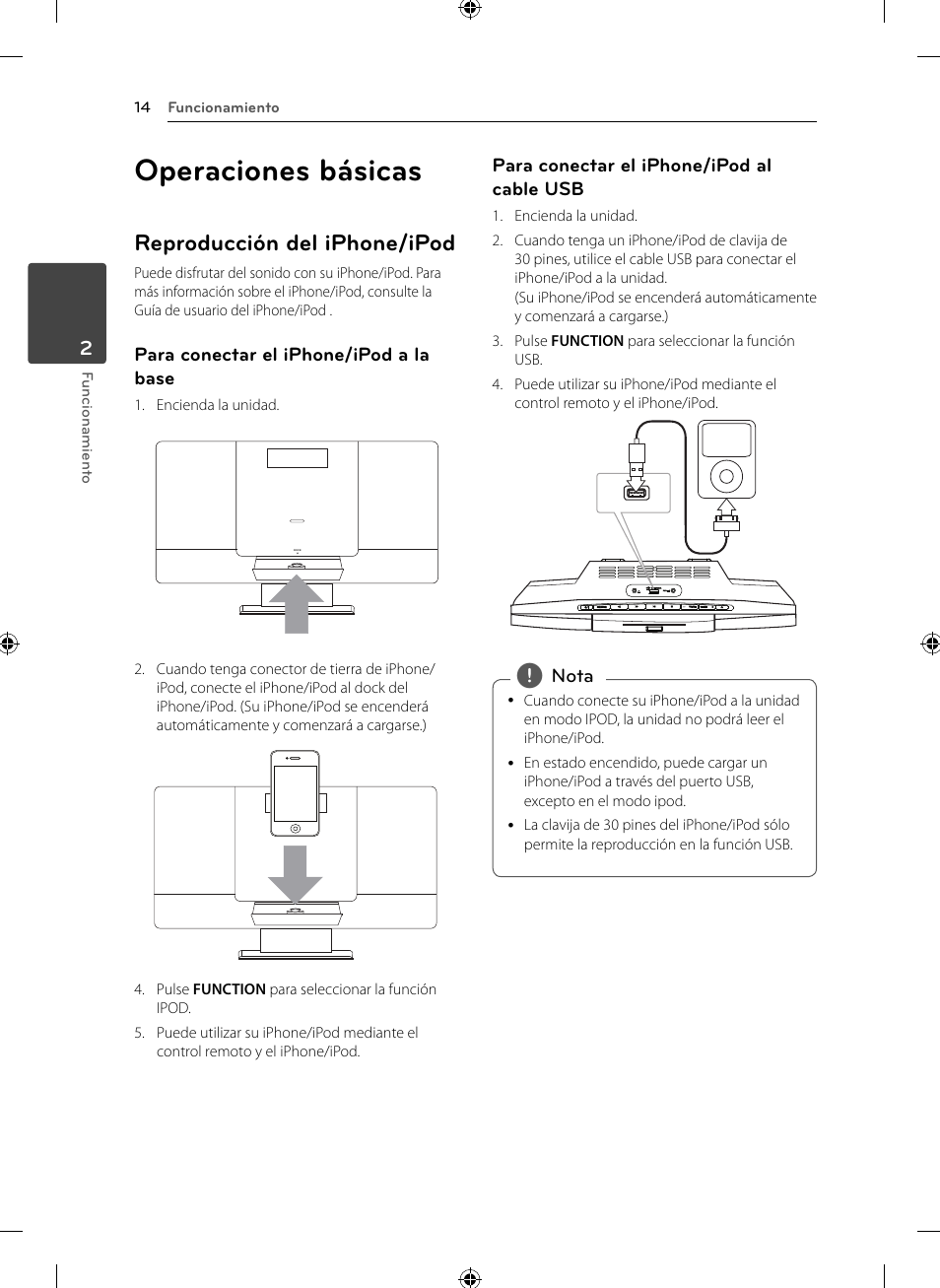 Operaciones básicas, Reproducción del iphone/ipod | LG CM2531 User Manual | Page 14 / 26