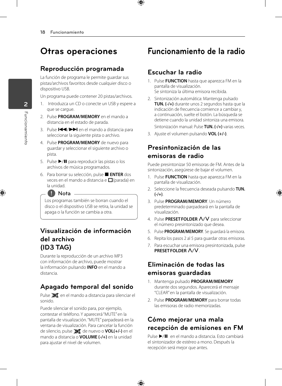 Otras operaciones, Funcionamiento de la radio, Reproducción programada | Visualización de información del archivo (id3 tag), Apagado temporal del sonido, Escuchar la radio, Presintonización de las emisoras de radio, Eliminación de todas las emisoras guardadas, Cómo mejorar una mala recepción de emisiones en fm | LG CM2531 User Manual | Page 18 / 26