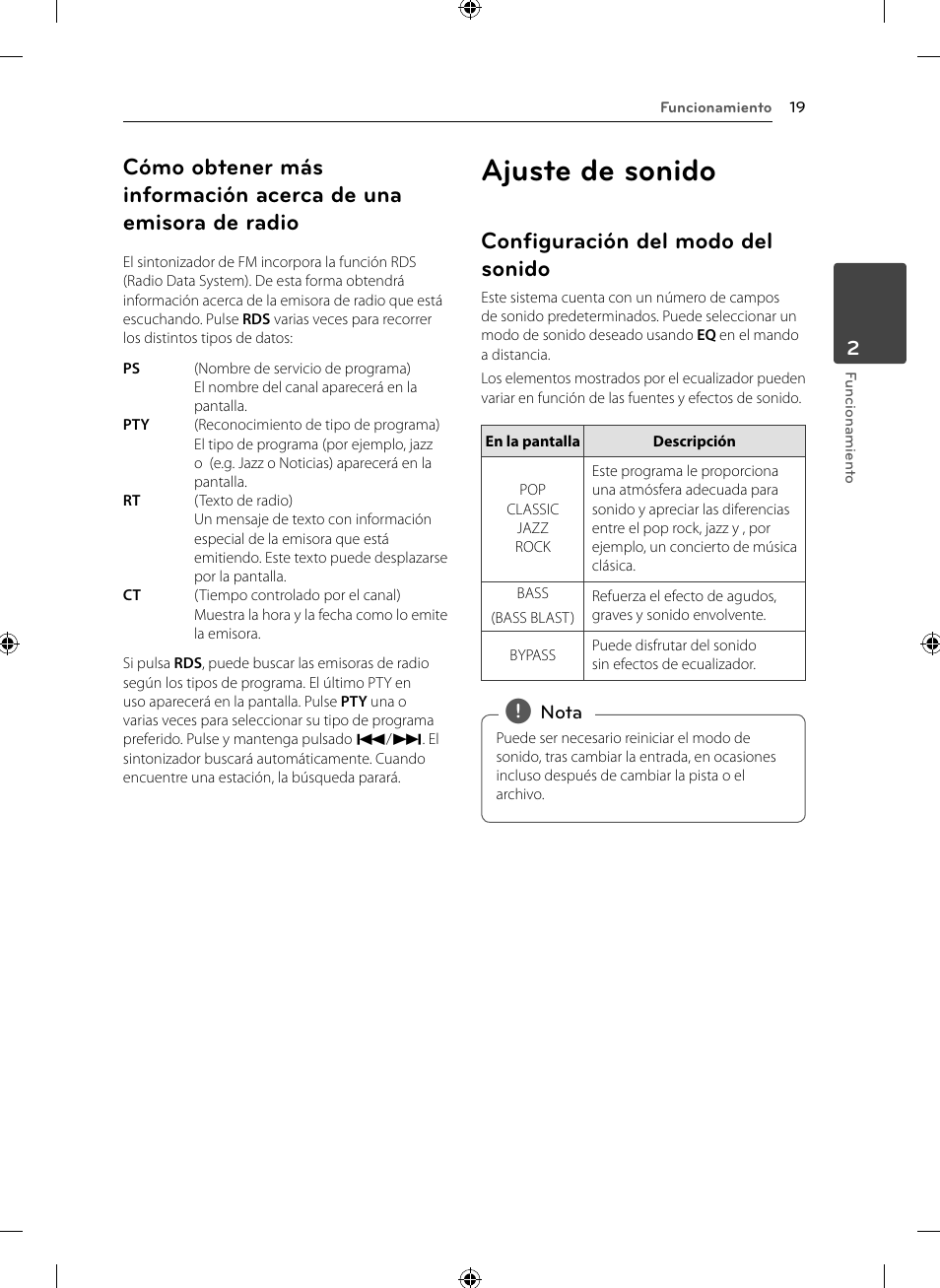 Ajuste de sonido, Configuración del modo del sonido | LG CM2531 User Manual | Page 19 / 26