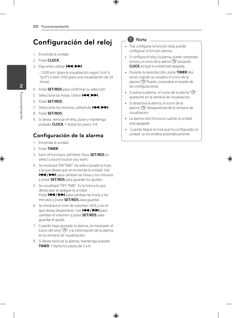 Configuración del reloj, Configuración de la alarma | LG CM2531 User Manual | Page 20 / 26