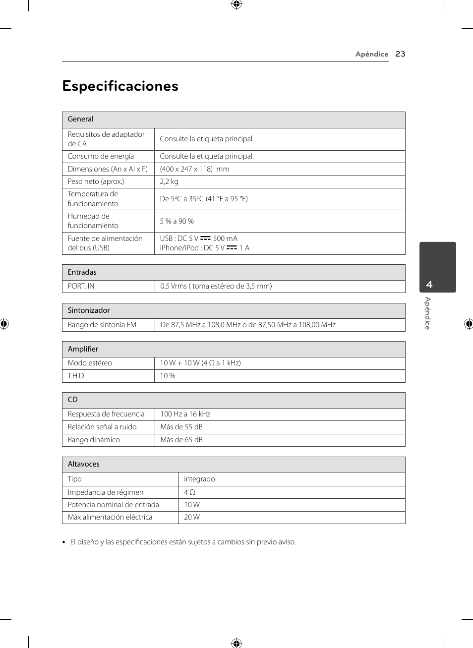Especificaciones | LG CM2531 User Manual | Page 23 / 26