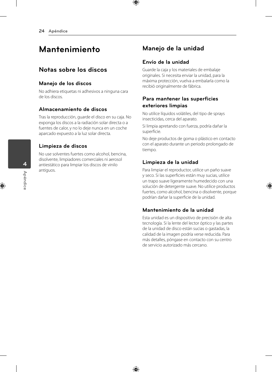 Mantenimiento, Notas sobre los discos, Manejo de la unidad | LG CM2531 User Manual | Page 24 / 26