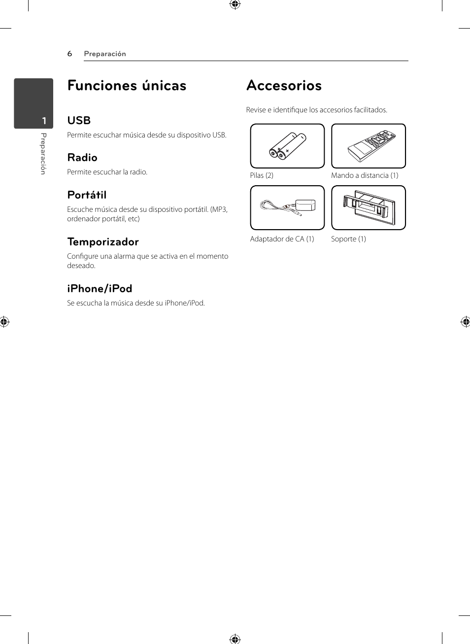 Funciones únicas, Accesorios, Radio | Portátil, Temporizador, Iphone/ipod | LG CM2531 User Manual | Page 6 / 26