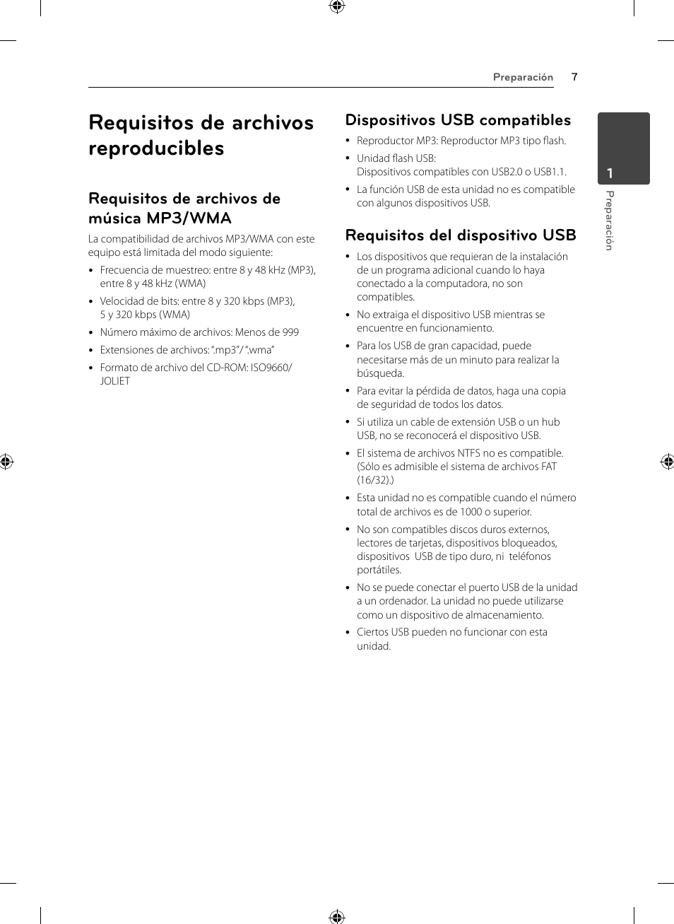 Requisitos de archivos reproducibles, Requisitos de archivos de música mp3/wma, Dispositivos usb compatibles | Requisitos del dispositivo usb | LG CM2531 User Manual | Page 7 / 26