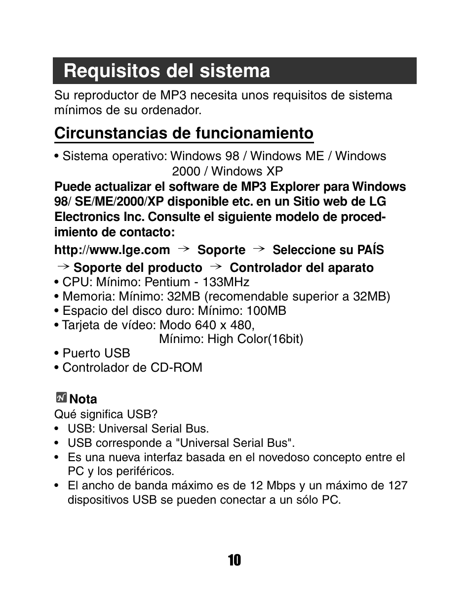 Requisitos del sistema, Circunstancias de funcionamiento | LG MF-FD150TS User Manual | Page 10 / 56