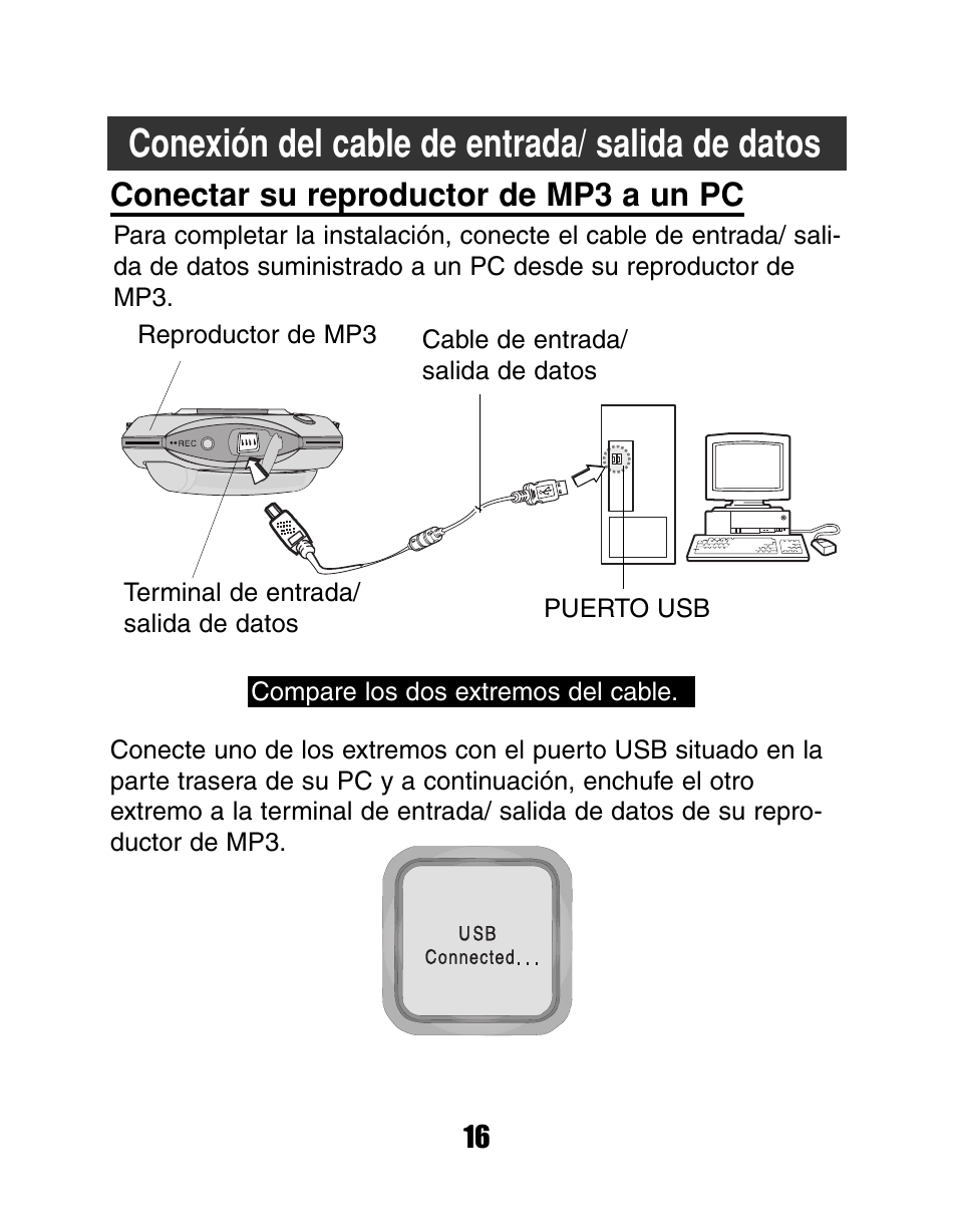 Conexión del cable de entrada/ salida de datos, Conectar su reproductor de mp3 a un pc | LG MF-FD150TS User Manual | Page 16 / 56