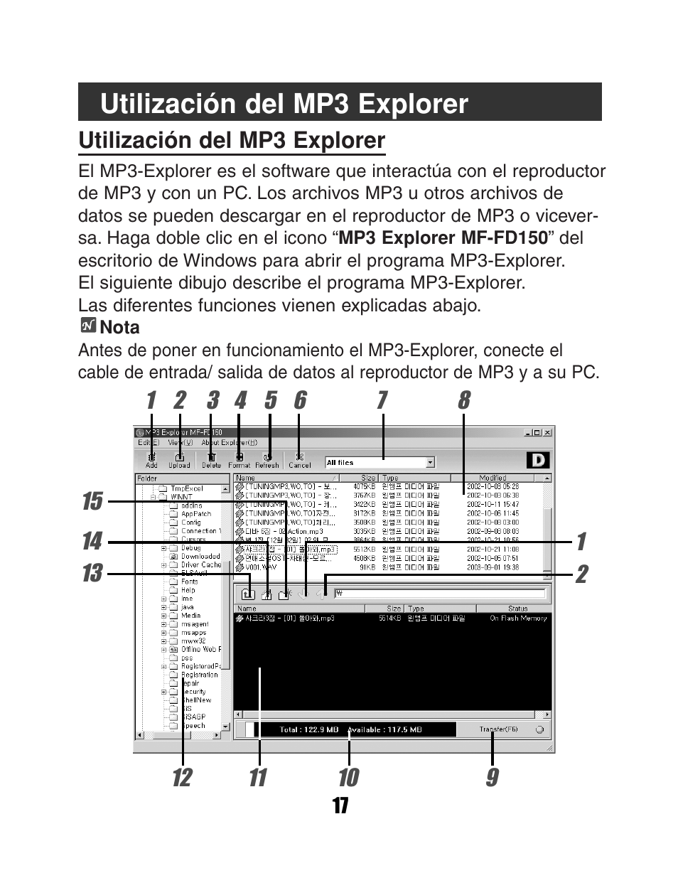 Utilización del mp3 explorer | LG MF-FD150TS User Manual | Page 17 / 56