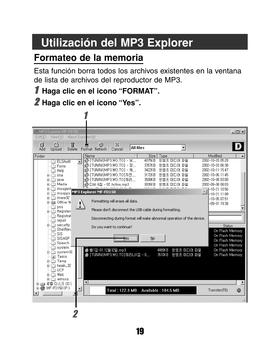 Utilización del mp3 explorer | LG MF-FD150TS User Manual | Page 19 / 56