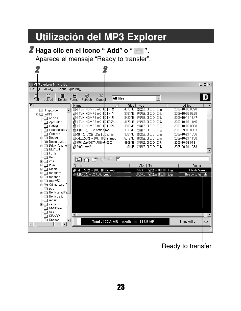 Utilización del mp3 explorer | LG MF-FD150TS User Manual | Page 23 / 56