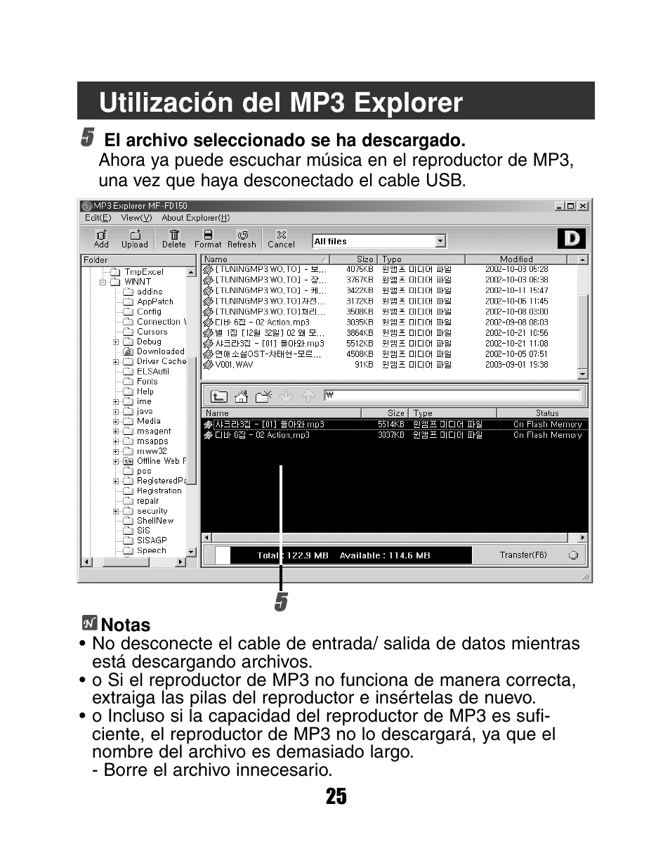 Utilización del mp3 explorer | LG MF-FD150TS User Manual | Page 25 / 56