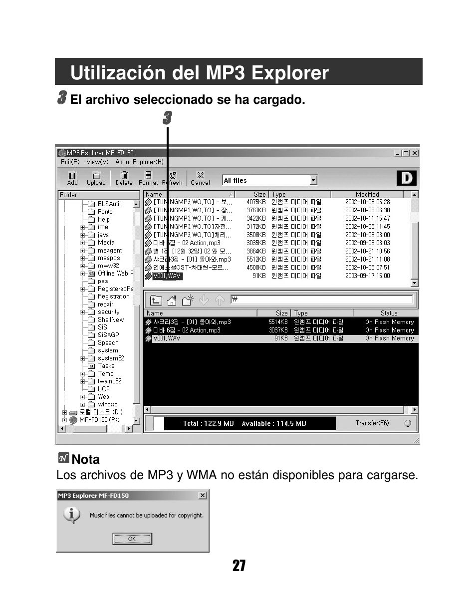 Utilización del mp3 explorer | LG MF-FD150TS User Manual | Page 27 / 56