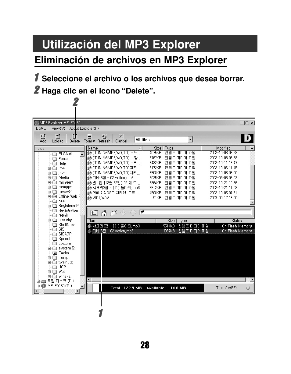 Utilización del mp3 explorer | LG MF-FD150TS User Manual | Page 28 / 56