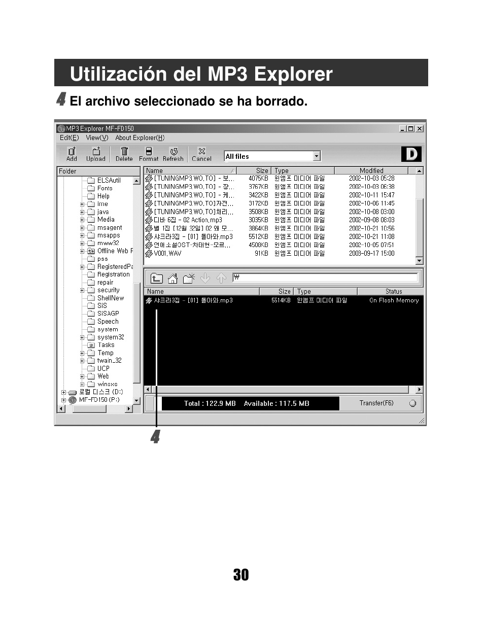 Utilización del mp3 explorer | LG MF-FD150TS User Manual | Page 30 / 56