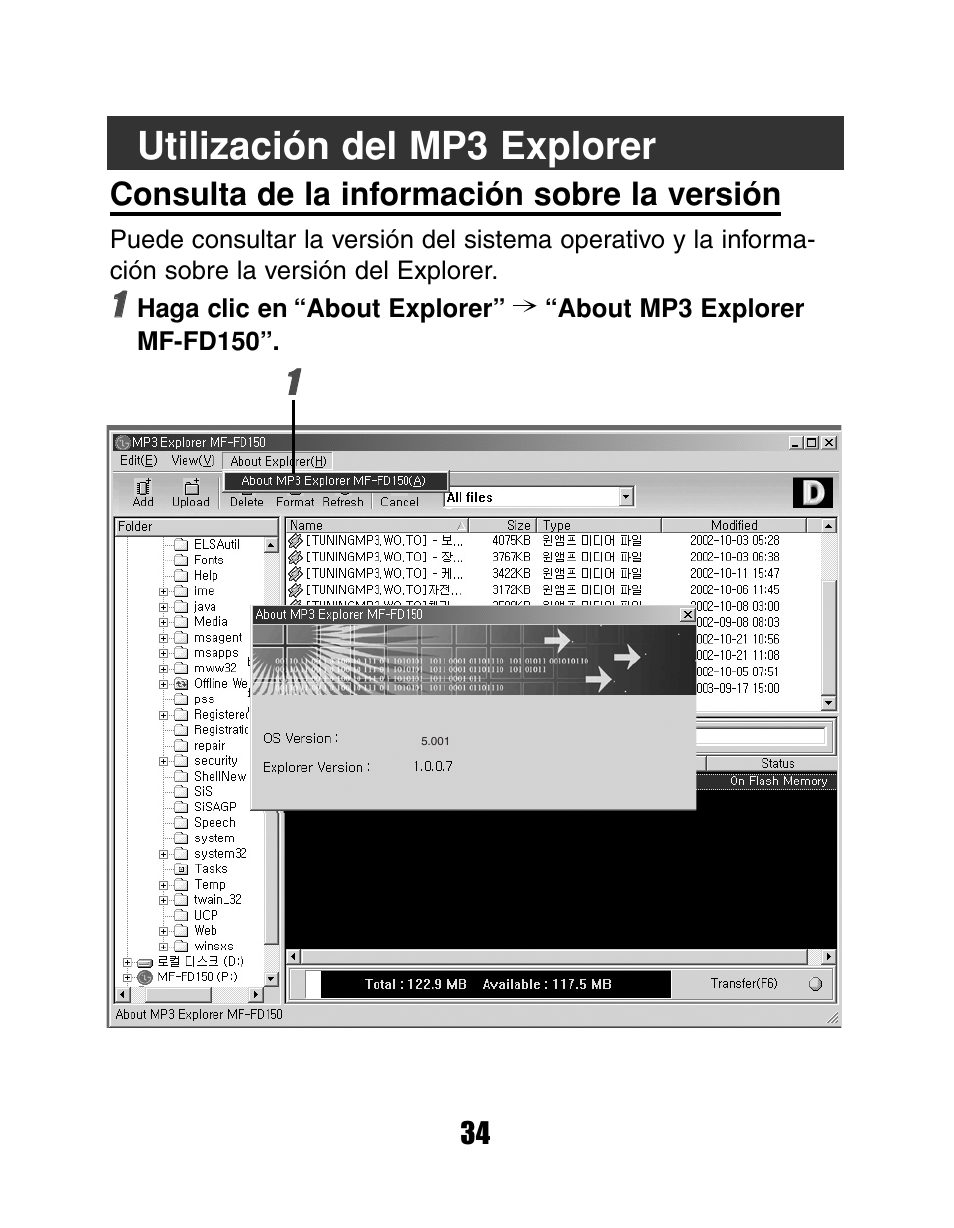 Utilización del mp3 explorer, Consulta de la información sobre la versión | LG MF-FD150TS User Manual | Page 34 / 56