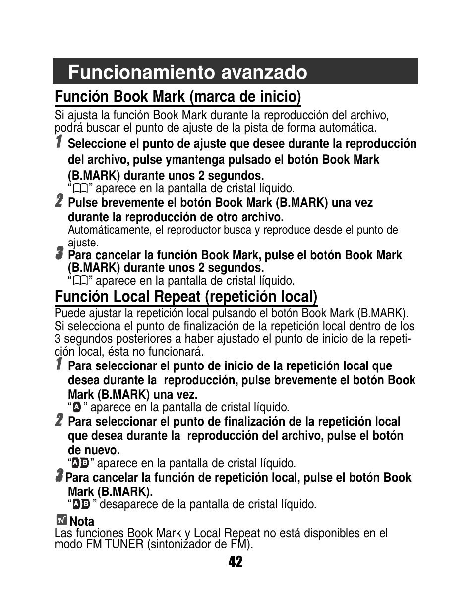 Funcionamiento avanzado, Función book mark (marca de inicio), Función local repeat (repetición local) | LG MF-FD150TS User Manual | Page 42 / 56