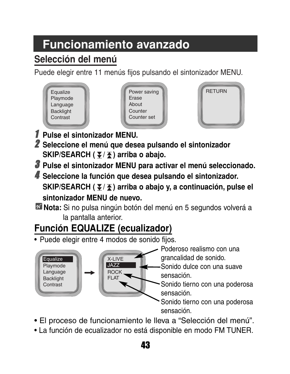 Funcionamiento avanzado, Selección del menú, Función equalize (ecualizador) | LG MF-FD150TS User Manual | Page 43 / 56