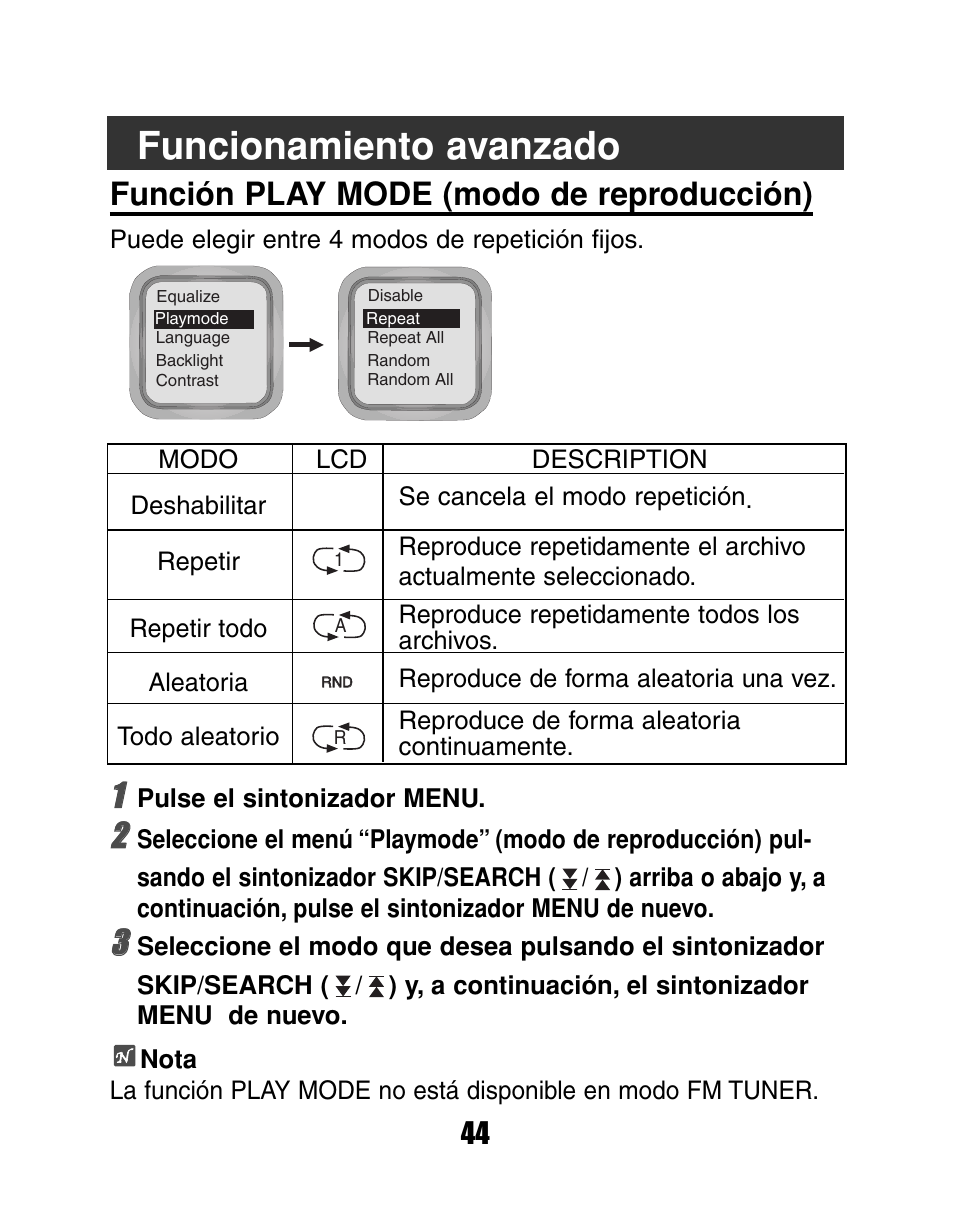 Funcionamiento avanzado, Función play mode (modo de reproducción) | LG MF-FD150TS User Manual | Page 44 / 56