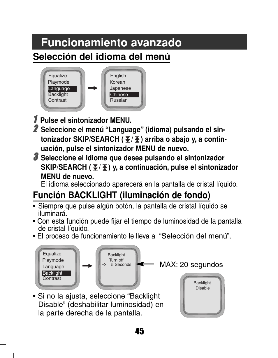 Funcionamiento avanzado, Selección del idioma del menú 11, Función backlight (iluminación de fondo) | LG MF-FD150TS User Manual | Page 45 / 56