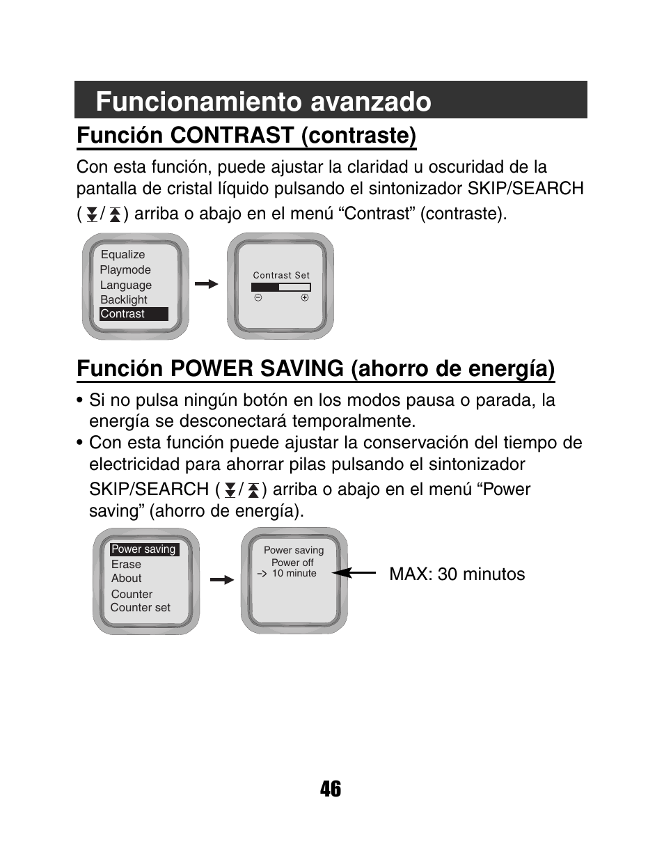 Funcionamiento avanzado, Función contrast (contraste), Función power saving (ahorro de energía) | LG MF-FD150TS User Manual | Page 46 / 56