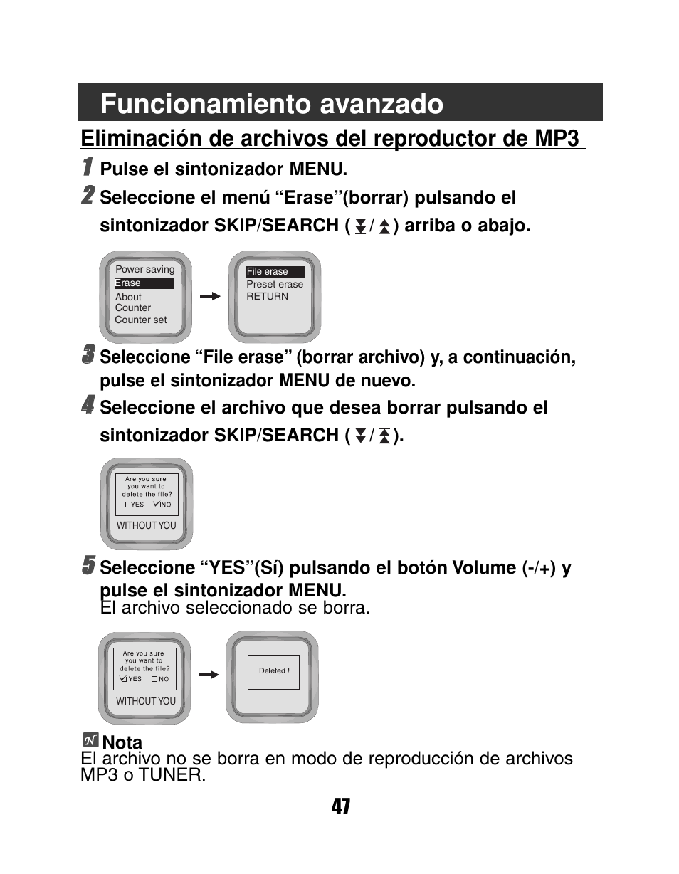 Funcionamiento avanzado, Eliminación de archivos del reproductor de mp3 11 | LG MF-FD150TS User Manual | Page 47 / 56