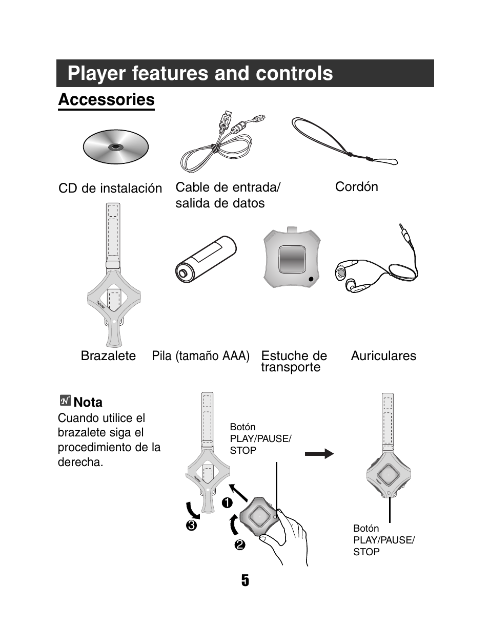 Player features and controls, Accessories | LG MF-FD150TS User Manual | Page 5 / 56