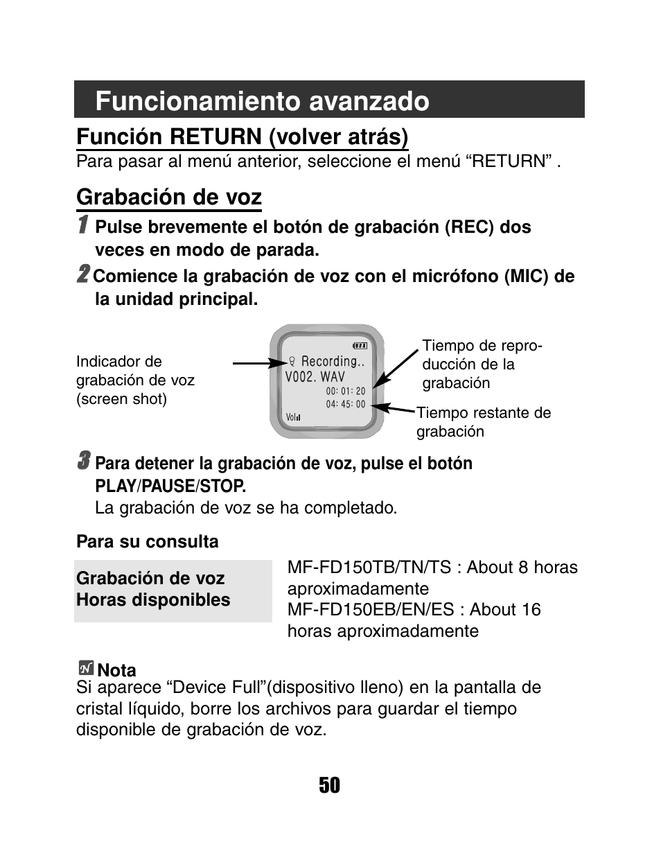Funcionamiento avanzado, Función return (volver atrás), Grabación de voz 11 | LG MF-FD150TS User Manual | Page 50 / 56