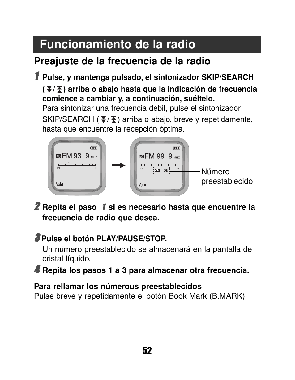 Funcionamiento de la radio, Preajuste de la frecuencia de la radio 11 | LG MF-FD150TS User Manual | Page 52 / 56