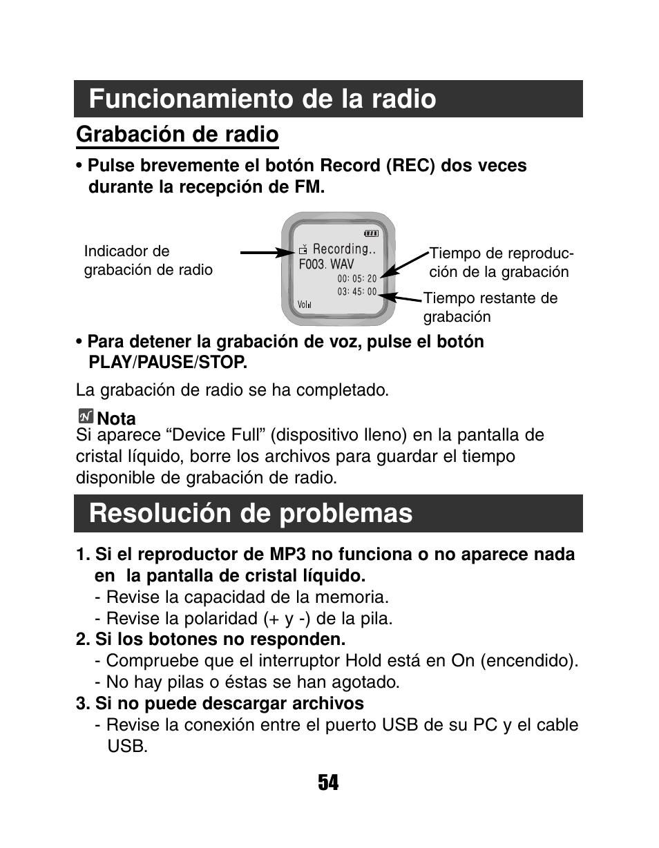Funcionamiento de la radio, Resolución de problemas, Grabación de radio | LG MF-FD150TS User Manual | Page 54 / 56