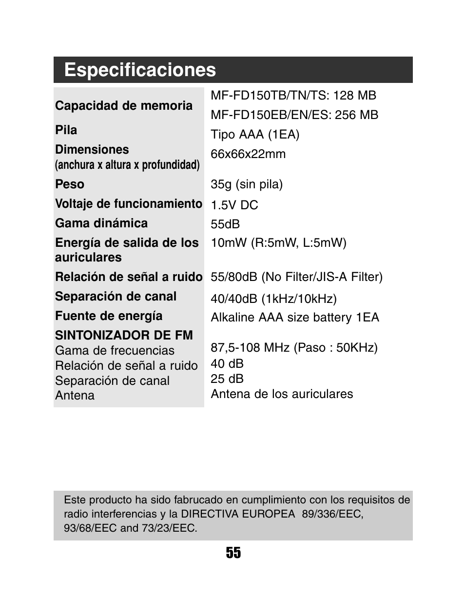 Especificaciones | LG MF-FD150TS User Manual | Page 55 / 56