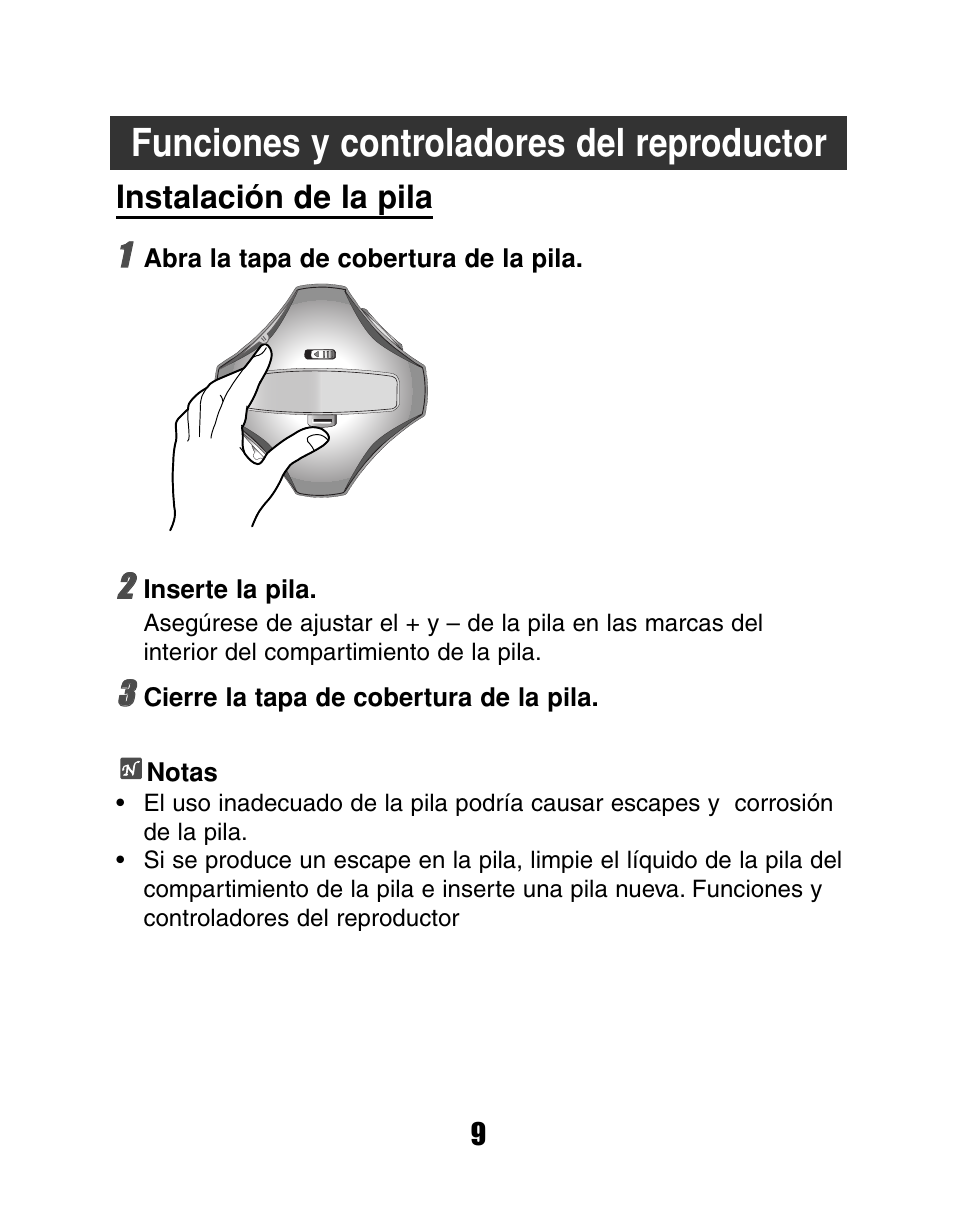 Funciones y controladores del reproductor, Instalación de la pila 11 | LG MF-FD150TS User Manual | Page 9 / 56