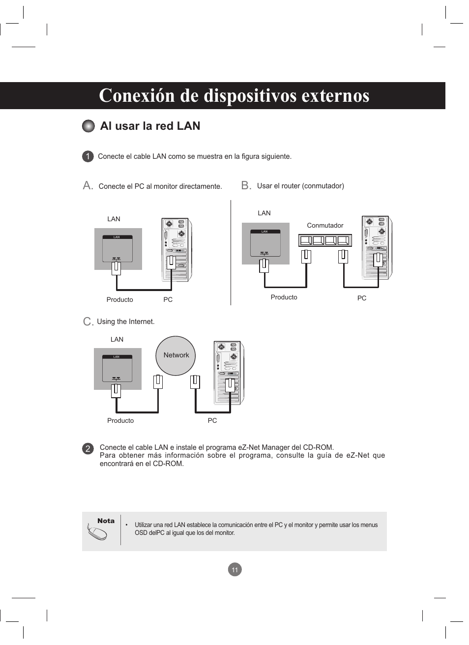 Al usar la red lan, Conexión de dispositivos externos, B. a. c | LG 47VT30MS-B User Manual | Page 11 / 87
