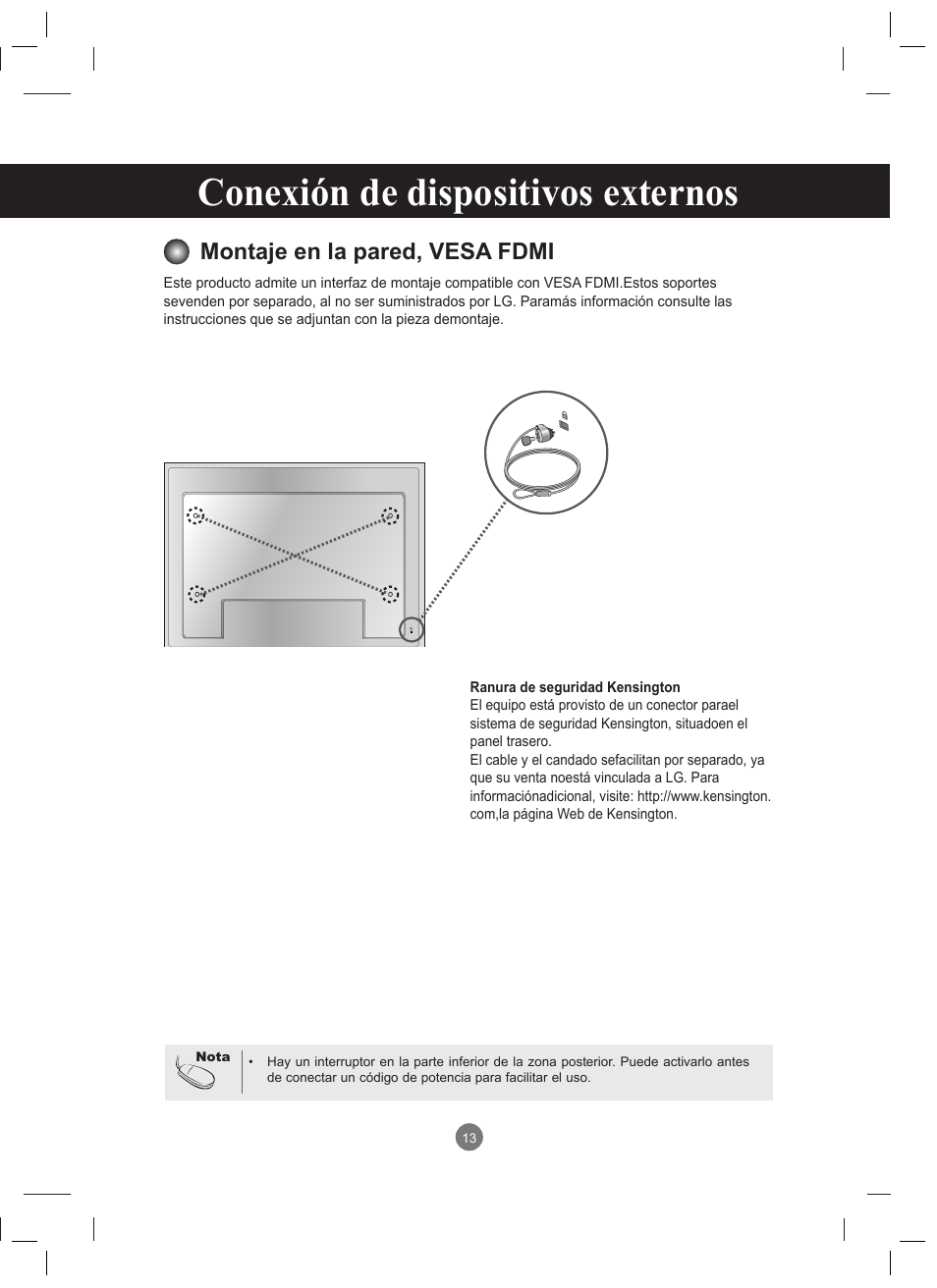 Montaje en la pared, vesa fdmi, Conexión de dispositivos externos | LG 47VT30MS-B User Manual | Page 13 / 87