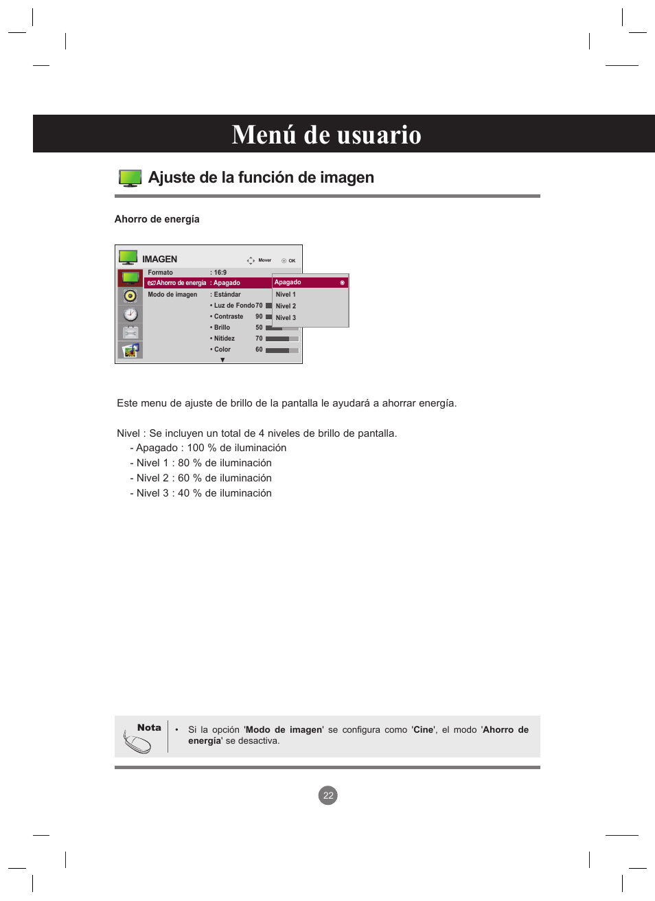 Menú de usuario, Ajuste de la función de imagen | LG 47VT30MS-B User Manual | Page 22 / 87