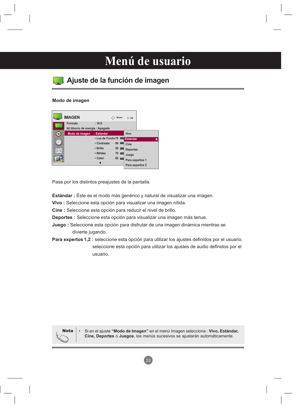 Menú de usuario, Ajuste de la función de imagen | LG 47VT30MS-B User Manual | Page 23 / 87