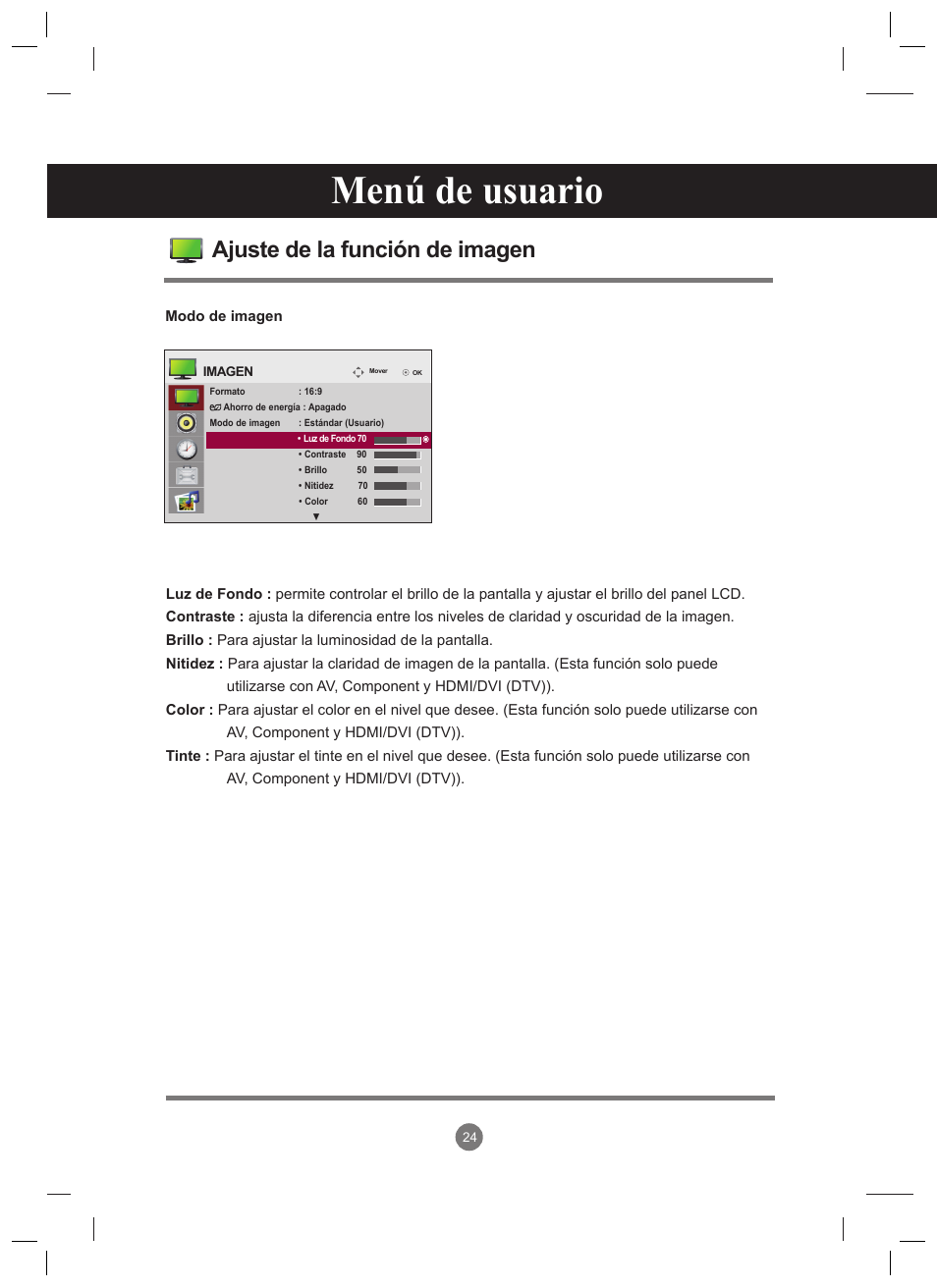 Menú de usuario, Ajuste de la función de imagen | LG 47VT30MS-B User Manual | Page 24 / 87