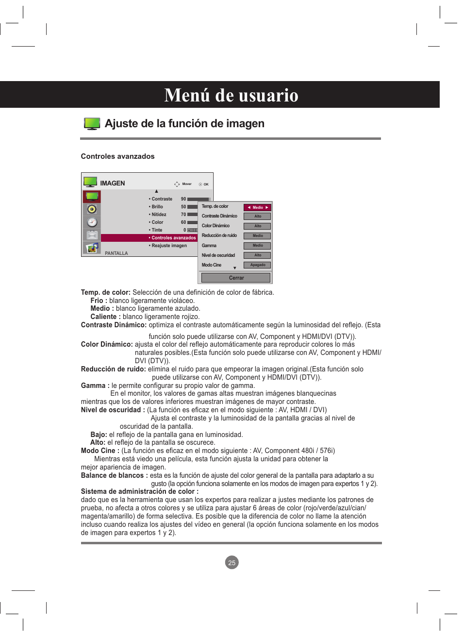 Menú de usuario, Ajuste de la función de imagen | LG 47VT30MS-B User Manual | Page 25 / 87