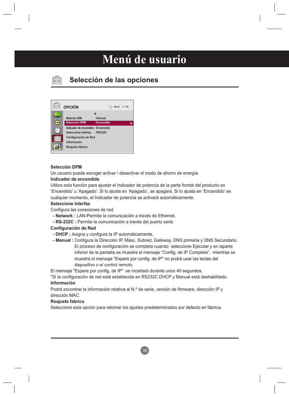 Menú de usuario, Selección de las opciones | LG 47VT30MS-B User Manual | Page 30 / 87