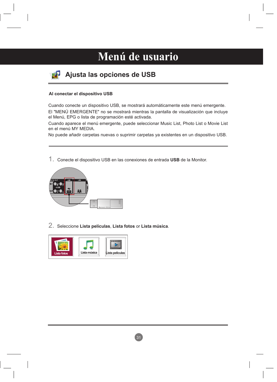Ajusta las opciones de usb, Menú de usuario | LG 47VT30MS-B User Manual | Page 31 / 87