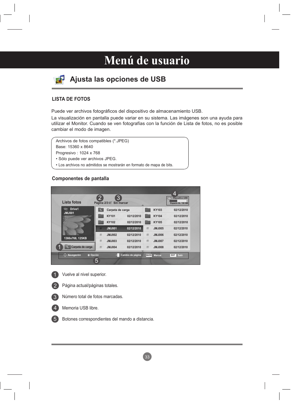 Menú de usuario, Ajusta las opciones de usb | LG 47VT30MS-B User Manual | Page 33 / 87