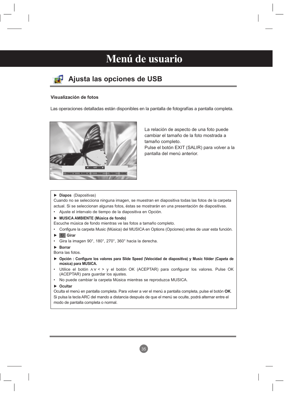 Menú de usuario, Ajusta las opciones de usb | LG 47VT30MS-B User Manual | Page 35 / 87