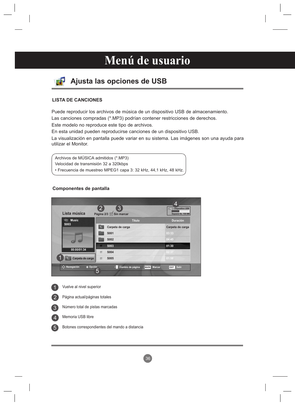Menú de usuario, Ajusta las opciones de usb | LG 47VT30MS-B User Manual | Page 36 / 87